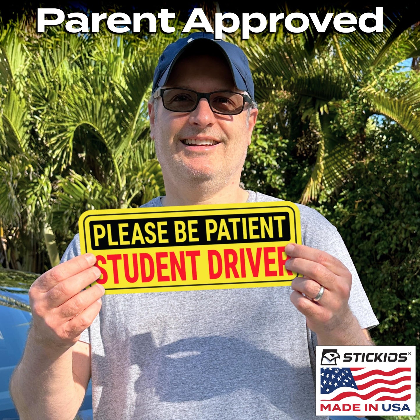 Stickios Student Driver Stickers (Non-Magnetic) for Cars & Windows - Reusable, Removable, Paint-Safe Vinyl Decals - Made in USA (10.5x4 inches, 8-Pack)