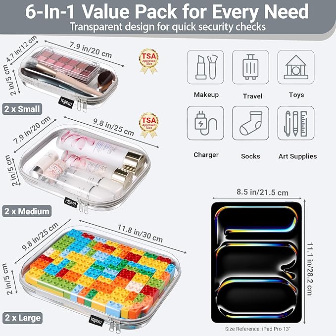 YQBRAO 6 Pack Sleek Gray Clear Hard Shell Zipper Case, 1.2mm Heavy Duty Tech & Cord Organizer Pouches, Crush-Proof Electronic Storage for Travel, Tools & Diaper Bag (2L+2M+2S)