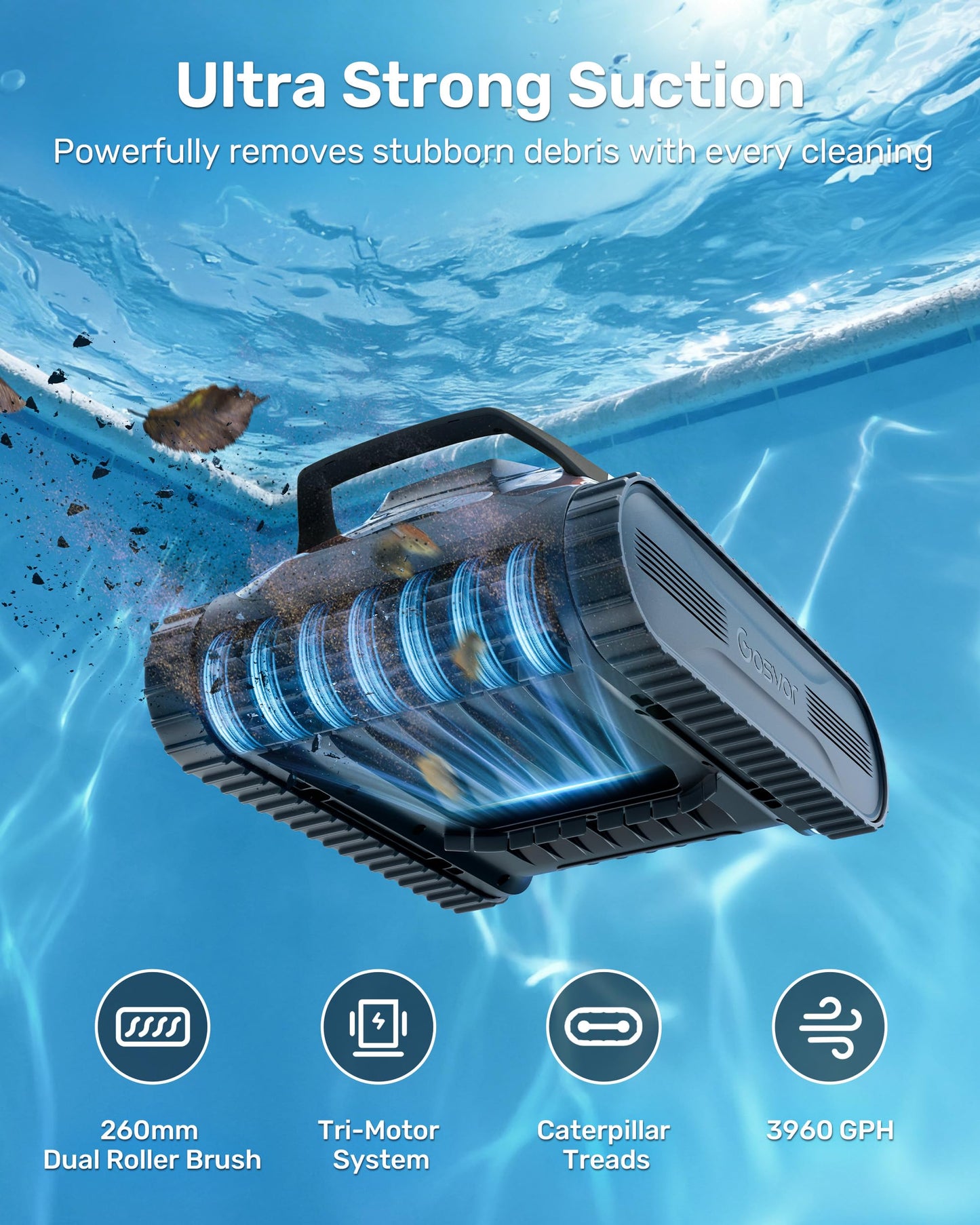 (2026 New) Gosvor Pool Vacuum LiteVac G1, Wall & Waterline & Platform Cleaning, 15.2 lbs Ultra-Lightweight, Up to 200-Min Runtime, Double Filtration, Smart Navigation & App, For Pools up to 2153 sq.ft