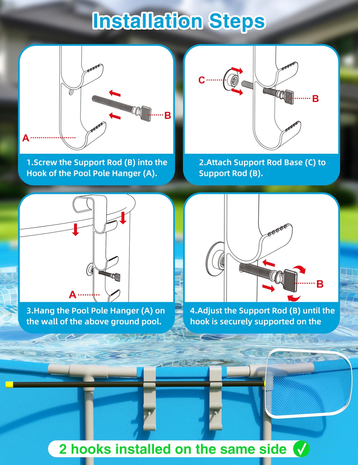 POOLHOUR Pool Hooks for Poles - Adjustable 3-Hook Pool Pole Hanger for Above Ground Pool Accessories,Skimmer & Cleaning Tool Bracket for Above Ground Pool Maintenance[Patented]