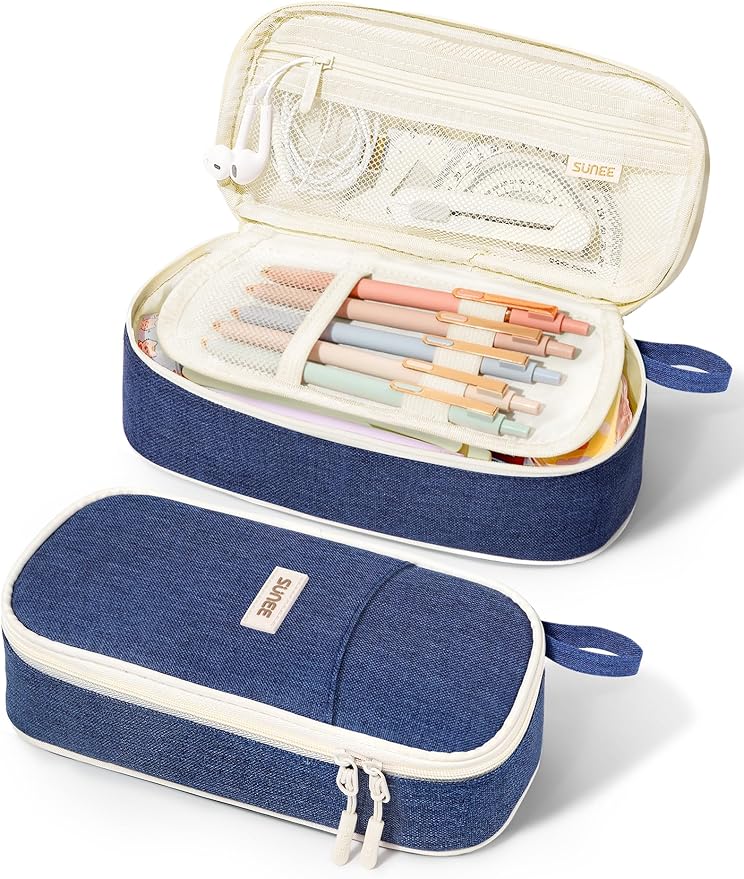 SUNEE Cute Pencil Case, Aesthetic Pen Pouch, Colored Large Pencil Bag with Zipper, Kawaii Stationery Storage and Organizer, School Supplies for Teen and Adult Girls, Navy Blue
