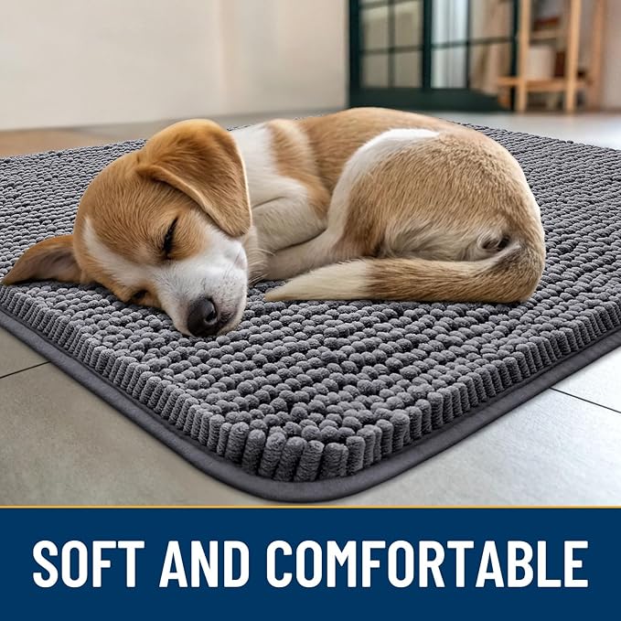 Smiry Dog Door Mat for Muddy Paws 34x21, Absorbs Moisture and Dirt Doormat, Non-Slip Washable Quick Dry Chenille Front Door Mat Indoor Entrance, Entryway Carpet for Inside Floor, Dark Grey