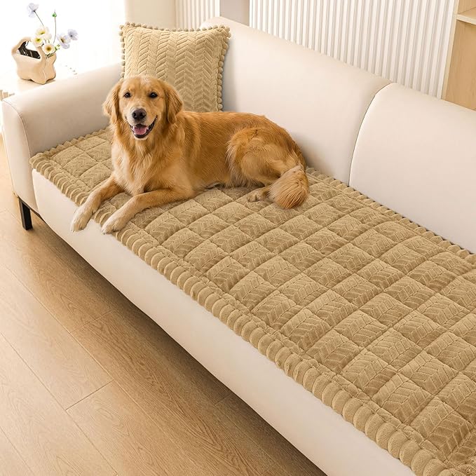 Smiry Non Slip Couch Covers for Dogs, Fuzzy Pet Couch Covers for 3 Cushion Sofa Pet Friendly, Soft Sofa Slipcovers Cushion Furniture Protector Washable (Camel, 27.6" x 70.9")