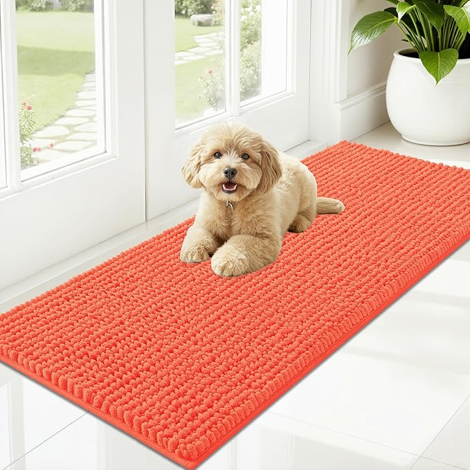OLANLY Dog Door Mat for Muddy Paws 47x20, Ultra Absorbent Chenille Mud Doormat, Non-Slip Washable and Dirt Trapping Doormat for Indoor Entryway, Quick-Dry Indoor Pet Bed Mats for Dogs, Coral