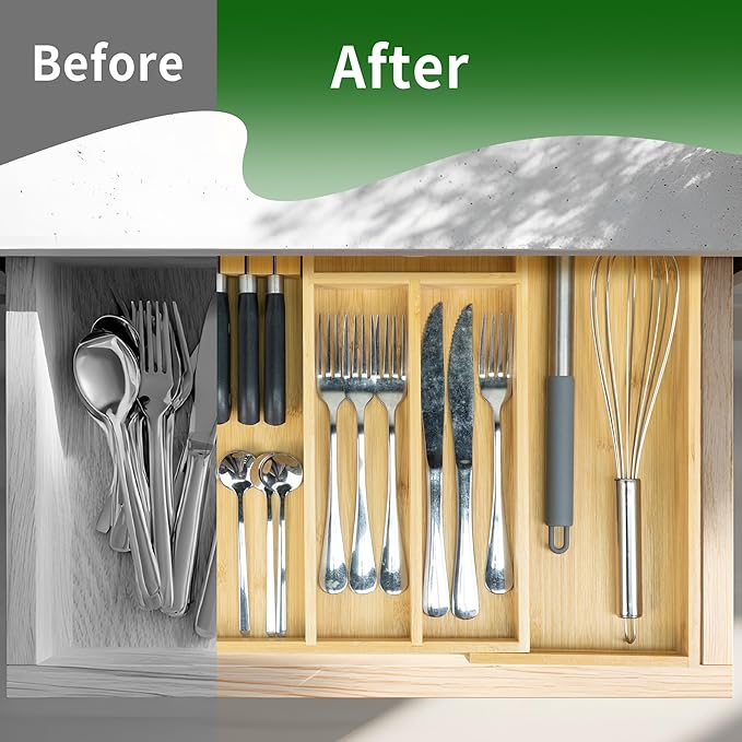 VaeFae Bamboo Kitchen Drawer Organizer, Utensil Tray with Multiple Compartments, Cutlery and Silverware Storage