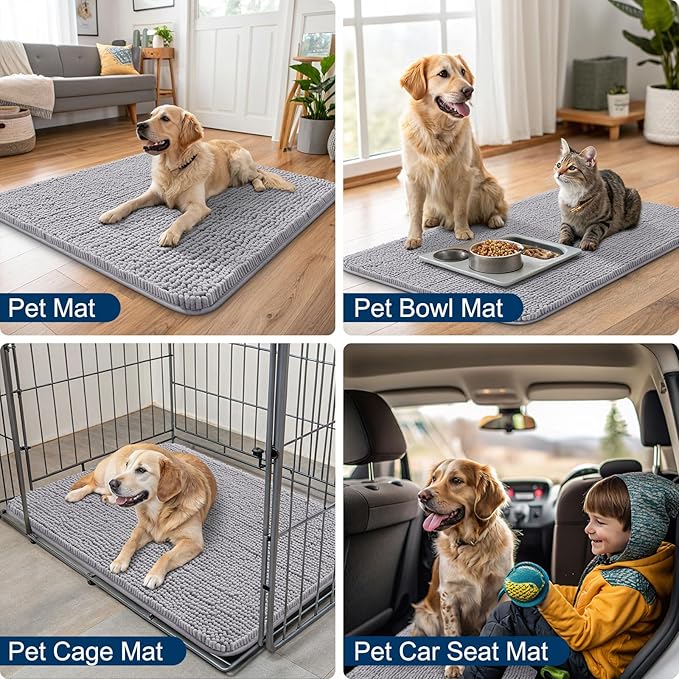 Smiry Dog Door Mat for Muddy Paws 24x16, Absorbs Moisture and Dirt Doormat, Non-Slip Washable Quick Dry Chenille Front Door Mat Indoor Entrance, Entryway Carpet for Inside Floor, Light Grey