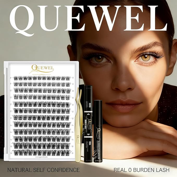 QUEWEL DIY Eyelash Extensions Kit, Lash Clusters 144 Pcs, Clusters Eyelash Applicator Tool, Super Hold Cluster Lashes Bond and Seal, Glue Remover Easy to Apply at Home(S012-Kit)