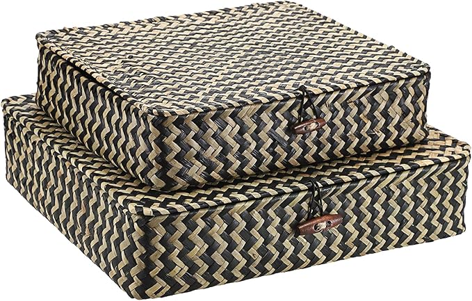 Hipiwe Woven Storage Basket with lid - Flat Wicker Storage Baskets Bins Natural Seagrass Storage Baskets Box for Shelf Home Decor, Set of 2, Blacks Strips