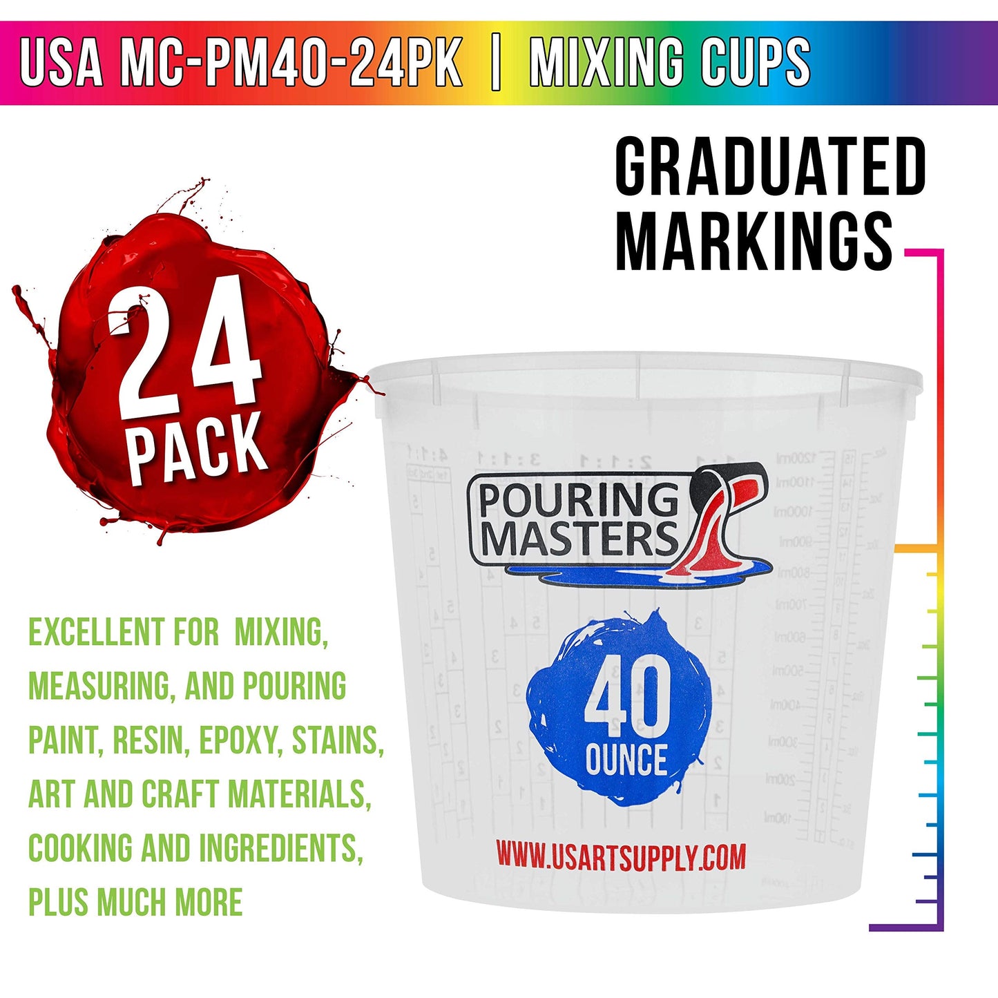 Pouring Masters 40 Ounce (1200ml) Graduated Plastic Mixing Cups (Box of 24) - Paint Mixing Cups for Epoxy Resin, Art, Kitchen, Baking - Measurements in OZ and ML, 4 Different Measuring Ratios 1:1