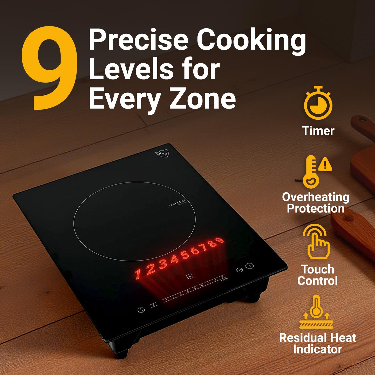 K&H Single Induction Cooktop - Built-In Electric Stove Top with 9 Heating Levels - 120V & 1800W Built-in Single Burner Ceramic Glass Induction Cooktop - Touch Control, Timer & Child Lock, SIN-1801
