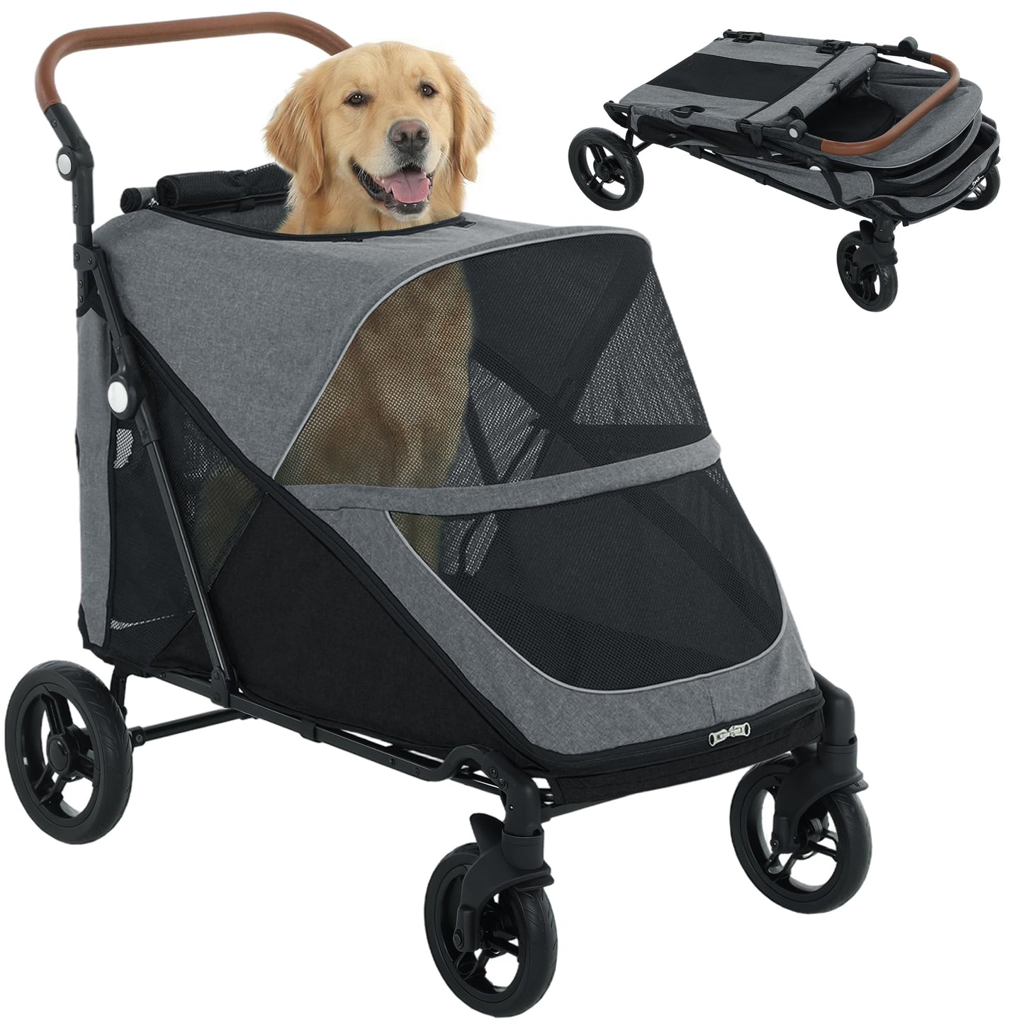 PawHut Dog Stroller for Large Dogs, One-Click Folding 4 Wheel Large Pet Stroller Wagon for Multiple Pets, All Terrain Spring Suspension w/ 8-Position Adjustable Handle, Mesh Window, Up to 66 LBS, Gray