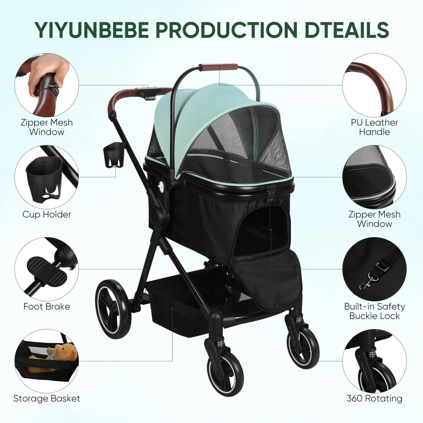 Foldable Dog Stroller, 3 in 1 Pet Stroller for Small Medium Dog Cat up to 50lbs, Detachble Portable Pet Bag, Storage Basket and One-Button Folding Frame
