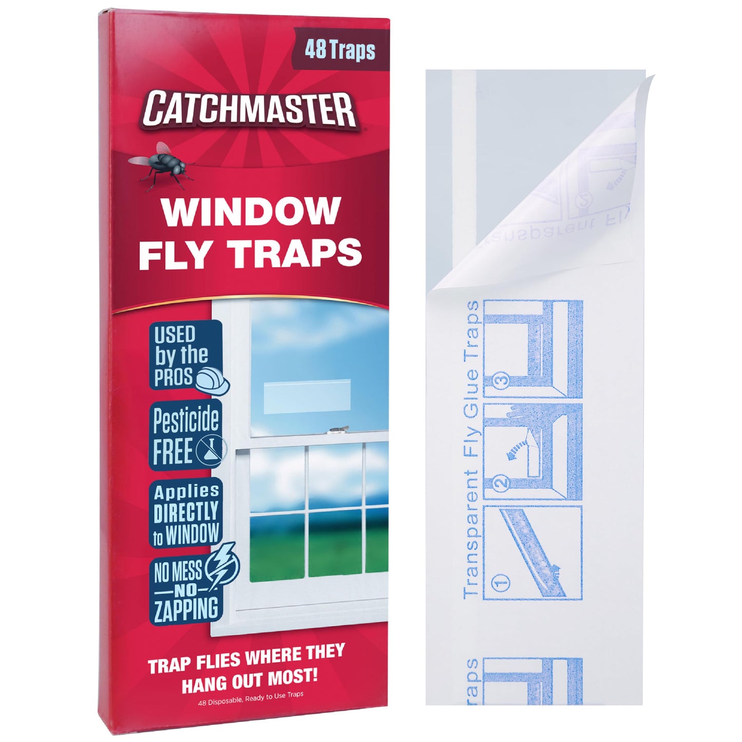 Catchmaster Window Fly Traps 48-Pack, Fruit Fly Traps for Indoors, Disposable Bulk Bug Catcher, Waterproof Insect Glue Trap, Adhesive Strips, Pest Control for Home, Kitchen, & Garage