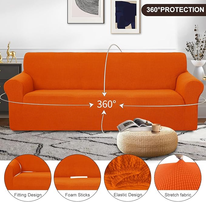 U-NICE HOME 4 Seater Stretch Couch Cover Sofa Cover Washable Sofa Slipcover Furniture Protector for 3 Cushion Couch Sofa Pet Friendly, Orange
