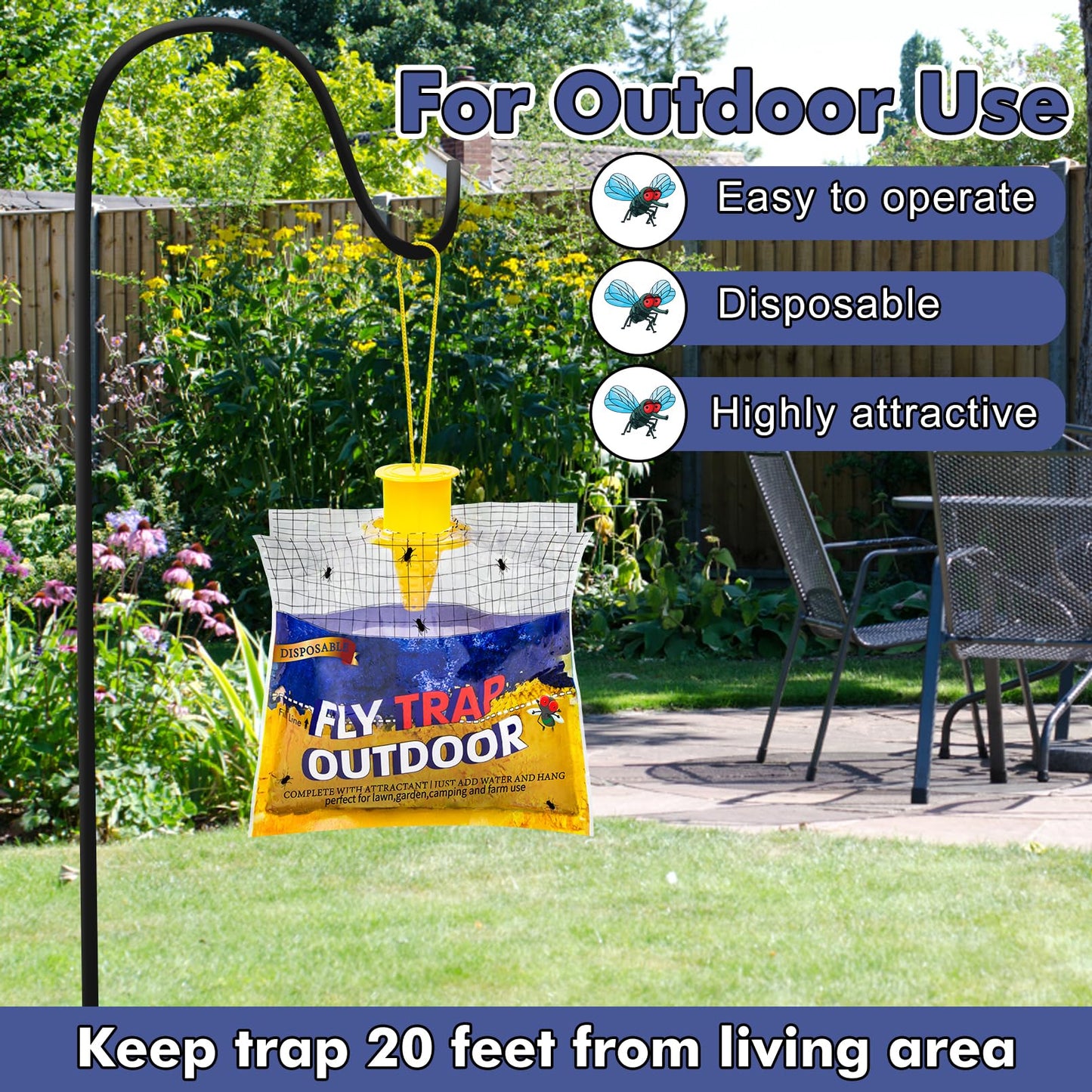 Disposable Fly Traps 4 Pack Bags Outdoor, Flies Catcher Traps with Natural Pre-Bait Refill Repellent, Reusable Stable Horse Ranch Trapper Outdoor Hanging Fly Killer Helps Control Flies