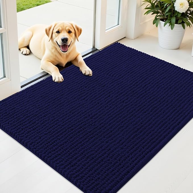 OLANLY Dog Door Mat for Muddy Paws 40x32, Ultra Absorbent Chenille Mud Doormat, Non-Slip Washable and Dirt Trapping Doormat for Indoor Entryway, Quick-Dry Indoor Pet Bed Mats for Dogs, Navy Blue