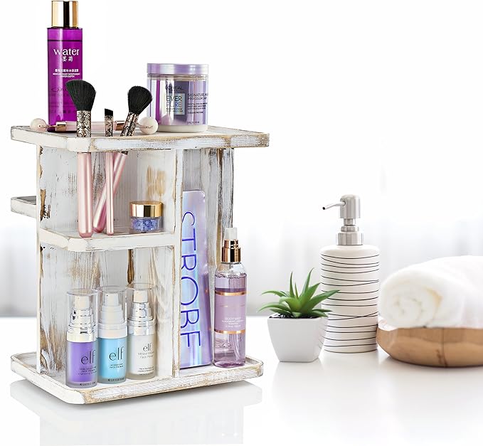 Sorbus 360ÃÂ° Makeup Organizer - Grey Rustic Wood Storage Carousel for Cosmetics, Make Up, Skin Care Organizer - Rotating Makeup Organizer for Vanity, Bathroom Storage, Bedroom, Kitchen, Desk, Dorm