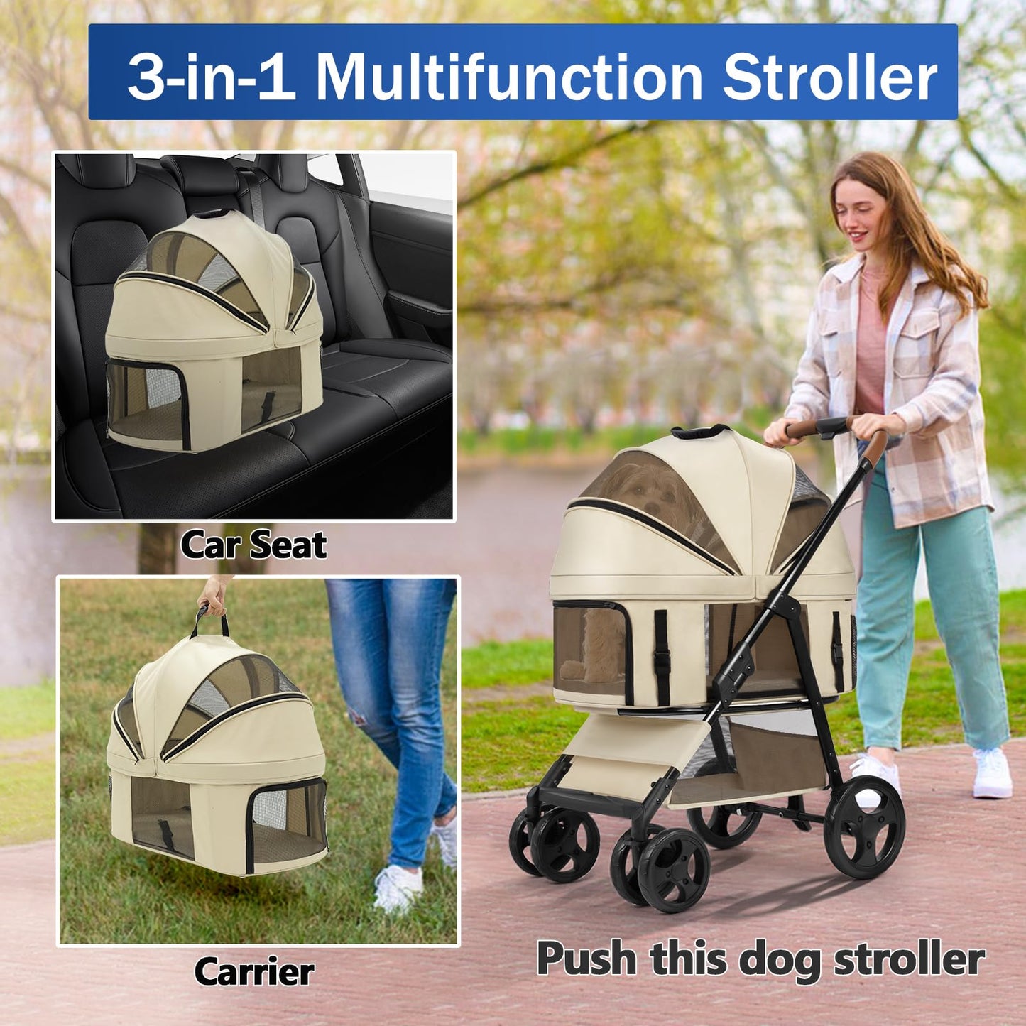 4 Wheels Pet Stroller for Small/Medium Dogs and Cats,Dog Stroller with Detachable Carrier and Storage Basket,One Click Folding,Compact Portable,Up to 50lbs,3 in1 Multifunctional(Grey)