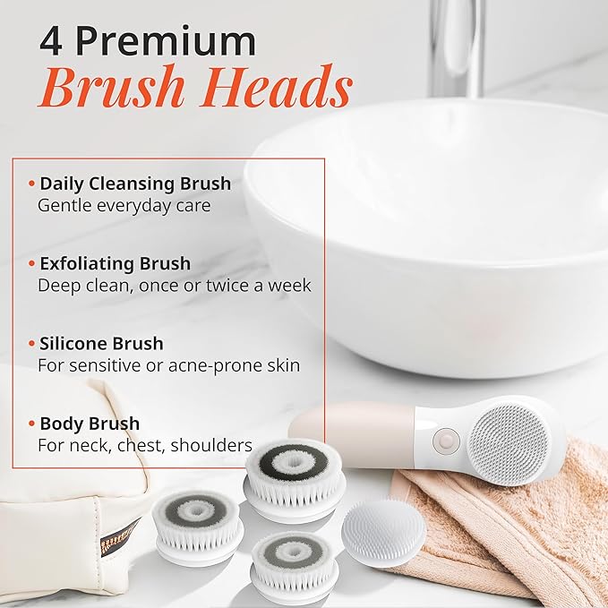 Vanity Planet Raedia Facial Cleansing Brush - Electric Facial Cleansing Brush with 4 Exfoliating Brush Heads - Waterproof, Handheld, Lightweight for Face Scrubber and Exfoliating Face - Warm Grey