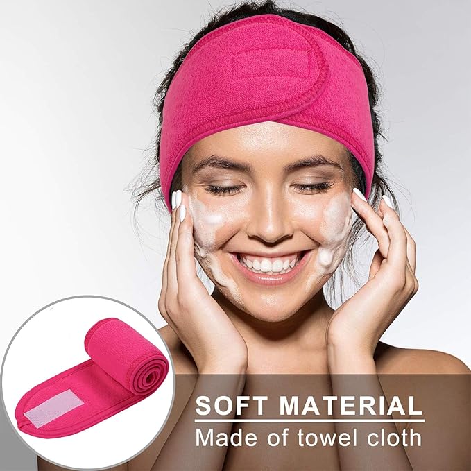Whaline Spa Facial Headband Make Up Wrap Head Terry Cloth Headband Adjustable Towel Band for Face Washing Shower Facial Cover, 3 Pieces (White, Pink, Rose Red)