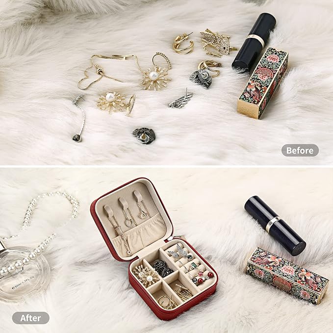Mini Jewelry Travel Case, Small Travel Jewelry Organizer PU Leather, Portable Display Storage Box for Rings, Earrings, Necklaces (Red)