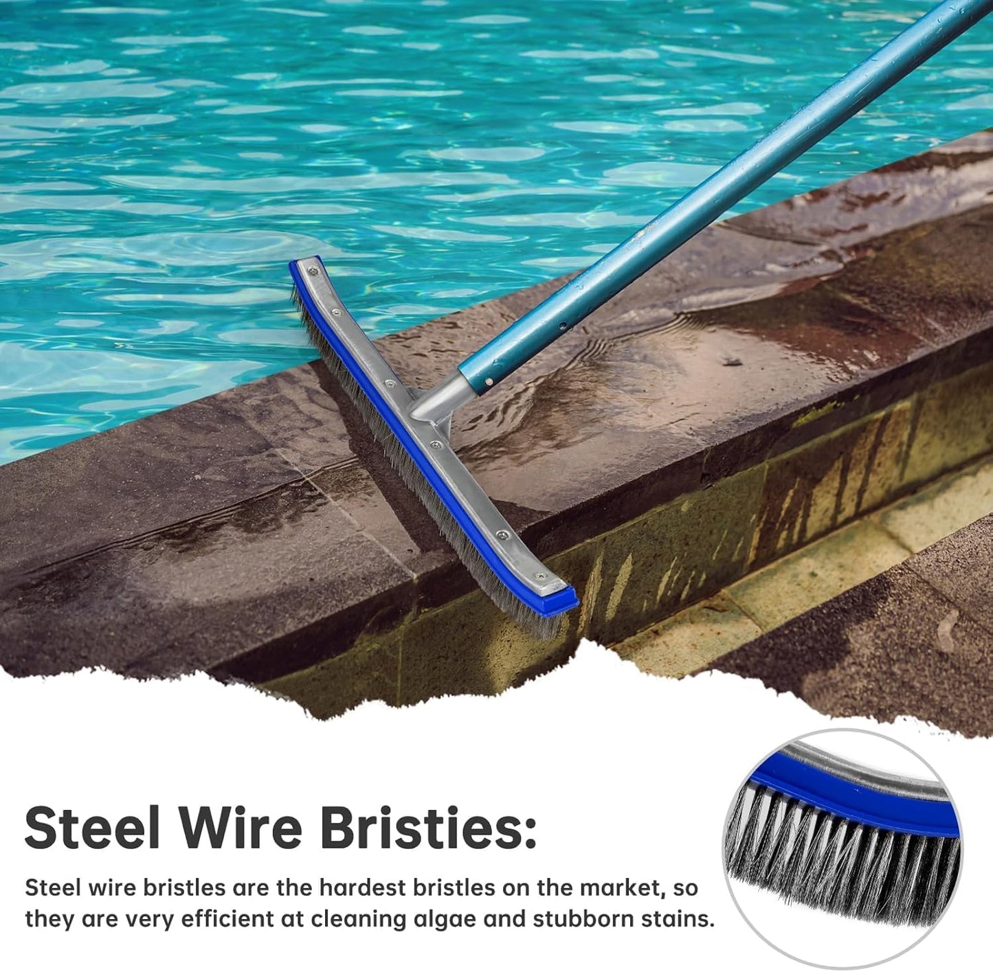Pool Brush Head | 18" Heavy Duty Floor Brush | Stainless Steel Brush | Metal Pool Scrubber Brush | Wire Bristles & Aluminium Back for Sweep Calcium Buildup, Rust Stains on Concrete