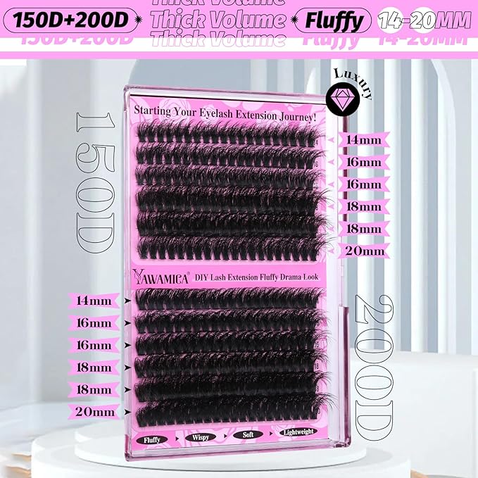 Yawamica Wispy Individual Lashes Clusters Fluffier Eyelash Extension 150D+200D Thick Volume Eyelash Clusters 14-20mm D Curly Lashes 240pcs DIY Lash Extension for Beginners, Black