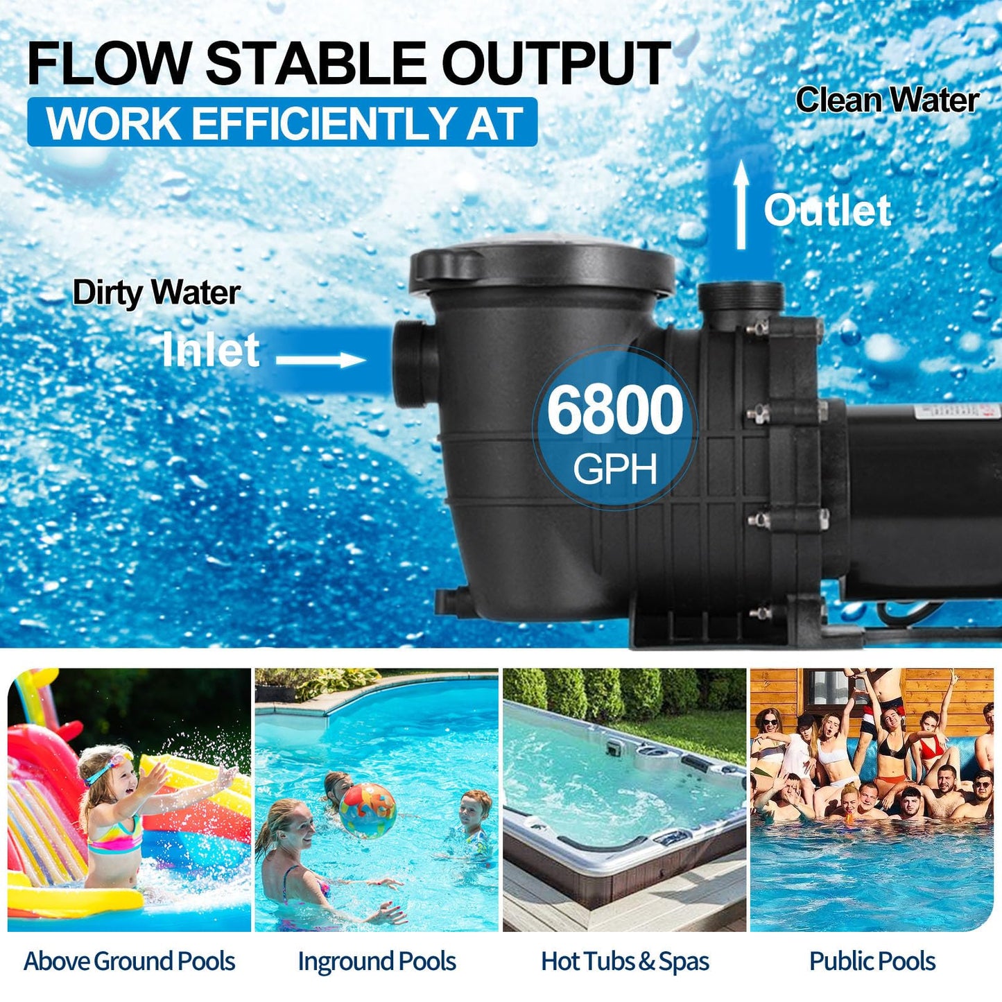 Leomru 2 HP Pool Pump 6800 GPH Self Priming in/Above Ground Swimming Pool Pump 110V/220V Dual Voltage Single Speed Pumps with Strainer Basket 6Pcs Connectors