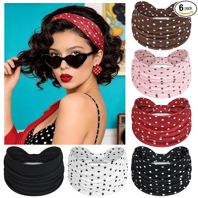 Awumbuk Wide Headbands for Women Knotted No Slip Head Bands Soft Turban Headband Hair Accessories Boho African Solid Color Head Wraps for Women Yoga Workout Pack of 6