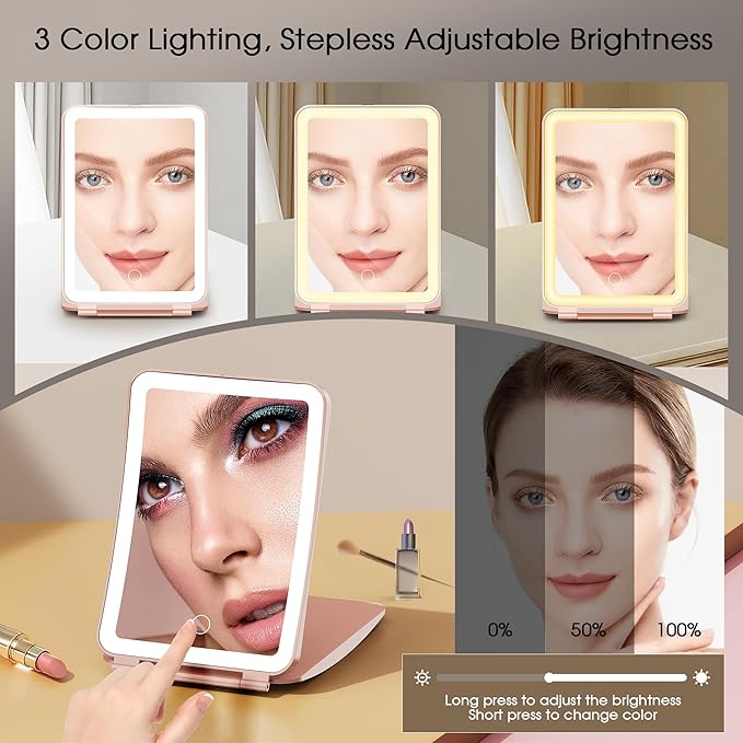 Travel Makeup Mirror with Lights and Magnification, 10X/1X Magnifying Vanity Mirror with 3 Colors & Brightness Adjustable, 2000 mAh Rechargeable Lighted Compact Mirror, Women Gift(Pink)