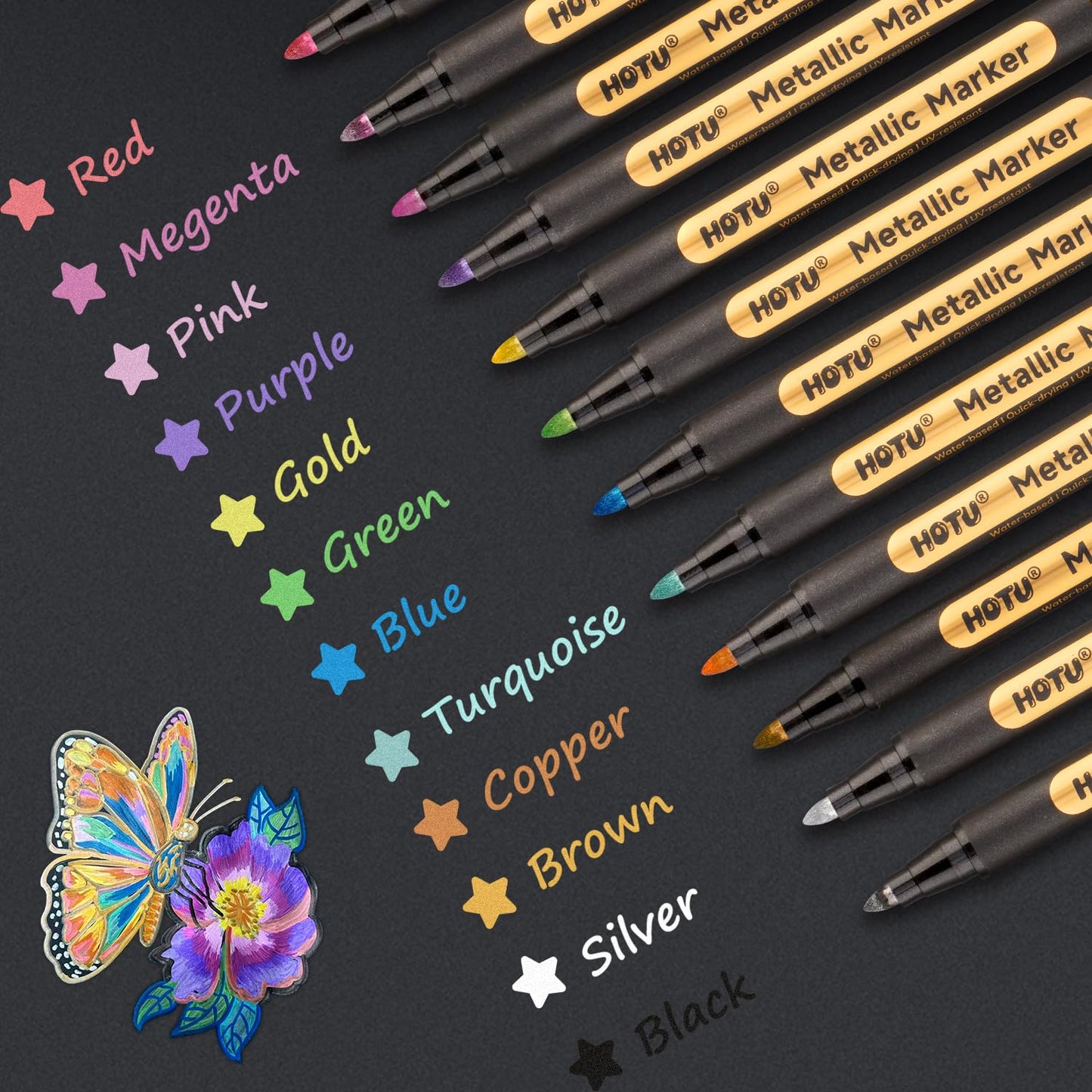 HOTU Metallic Marker Pens, 12 Metallic Paint Markers 2MM Medium Point for Black Paper,Rock Painting, Glass,Scrapbooking Crafts, DIY Photo Album, Eggs Decorating, Card Making,DIY Fabric