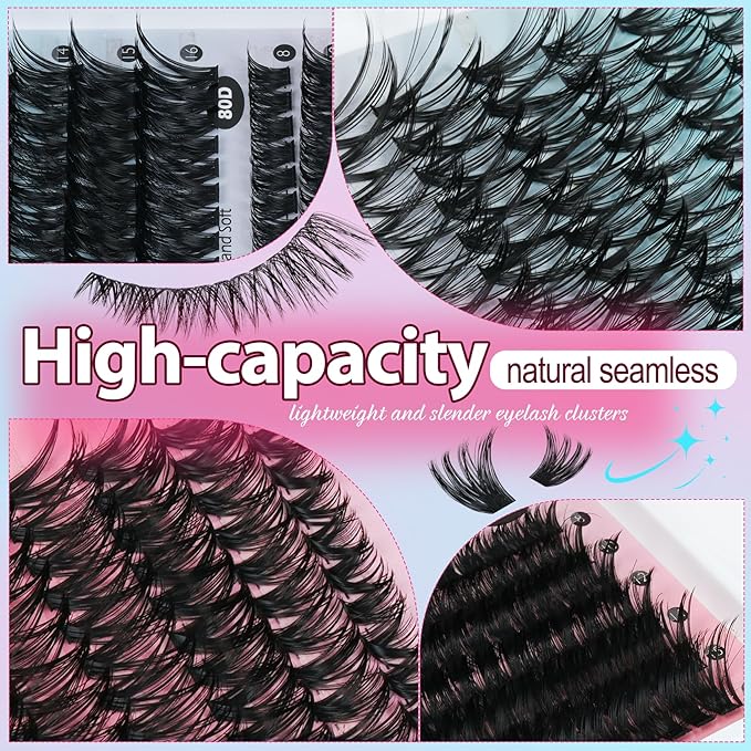 Lash Clusters Kit 708Pcs Individual Cluster Lash Extensions Kit 30D+40D+50D+60D+80D+100D Wispy Eyelash Clusters with Lash Bond and Seal and Tweezers 10-16mm 6 Styles Mix Lashes Clusters Kit