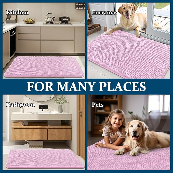 OLANLY Dog Door Mat for Muddy Paws 45x27, Absorbs Moisture and Dirt, Absorbent Non-Slip Washable Doormat, Quick Dry Chenille Mud Mat for Dogs, Entry Indoor Entryway Carpet for Inside Floor, Pink