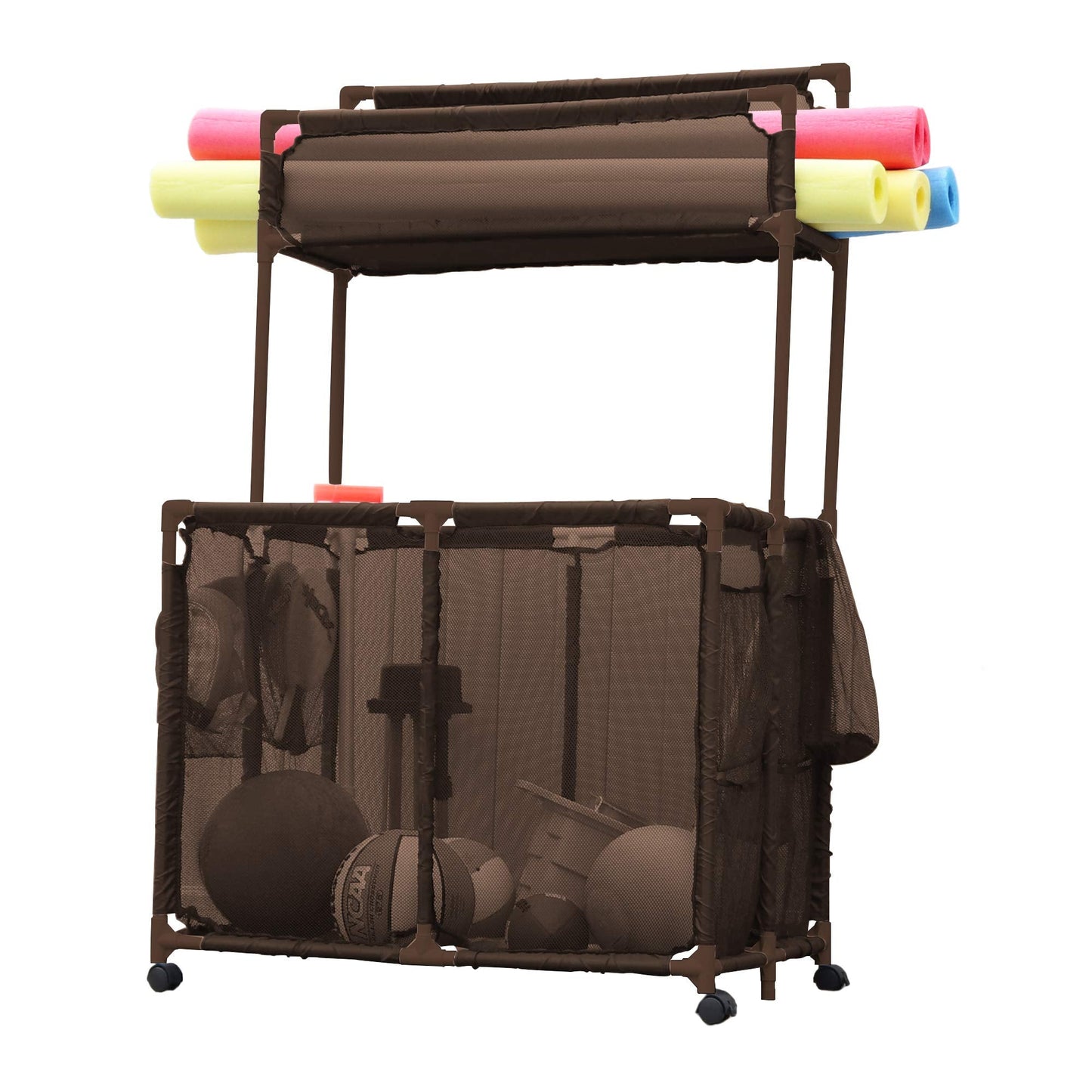 Essentially Yours Pool Storage Equipment Organizer Holder - Noodles, Toys, Balls and Floats Mesh Rolling Double Decker Bin, Large with Noodle Holder, (35.3" W x 23" L x 59.4" H), Brown Style 561935
