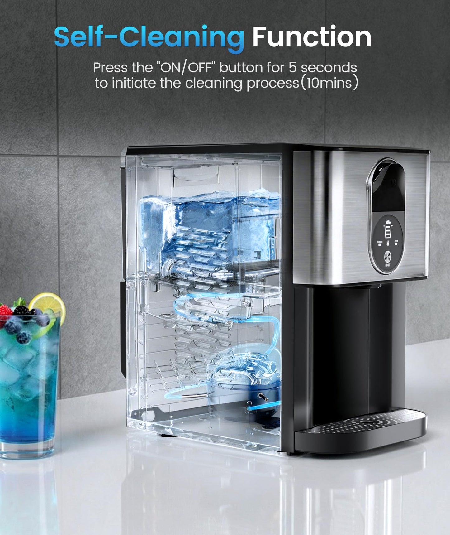 Antarctic Star Nugget Ice Maker Countertop with Soft Chewable Ice, 44Lbs/24H Portable Pellet Ice Machine with Self-Cleaning, One-Click Operation, for Home/Kitchen/Office, Stainless Steel, Silver