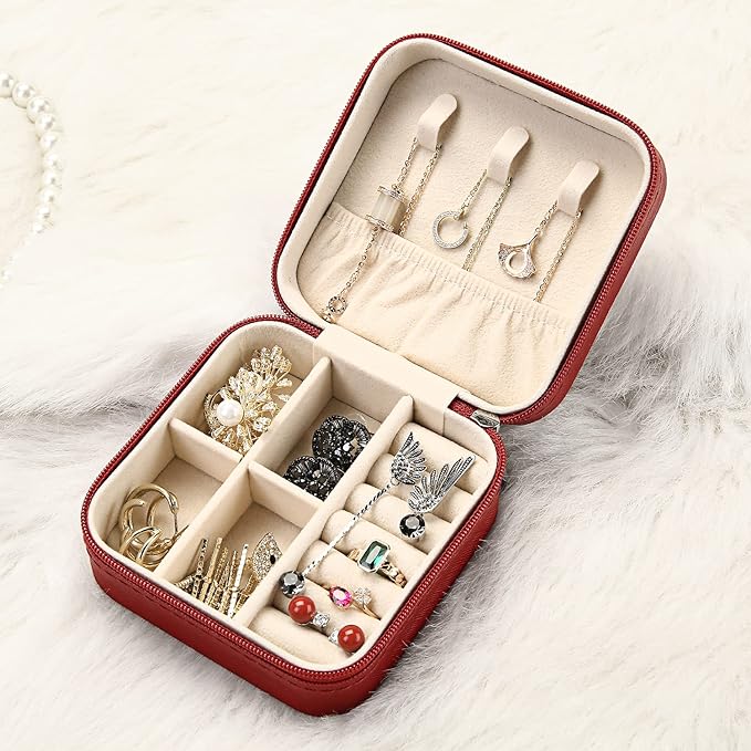 Mini Jewelry Case, Small Travel Jewelry Organizer, Portable Jewelry Box Mini Storage Organizer Display Box For Rings Earrings Necklaces (Red-4pcs)