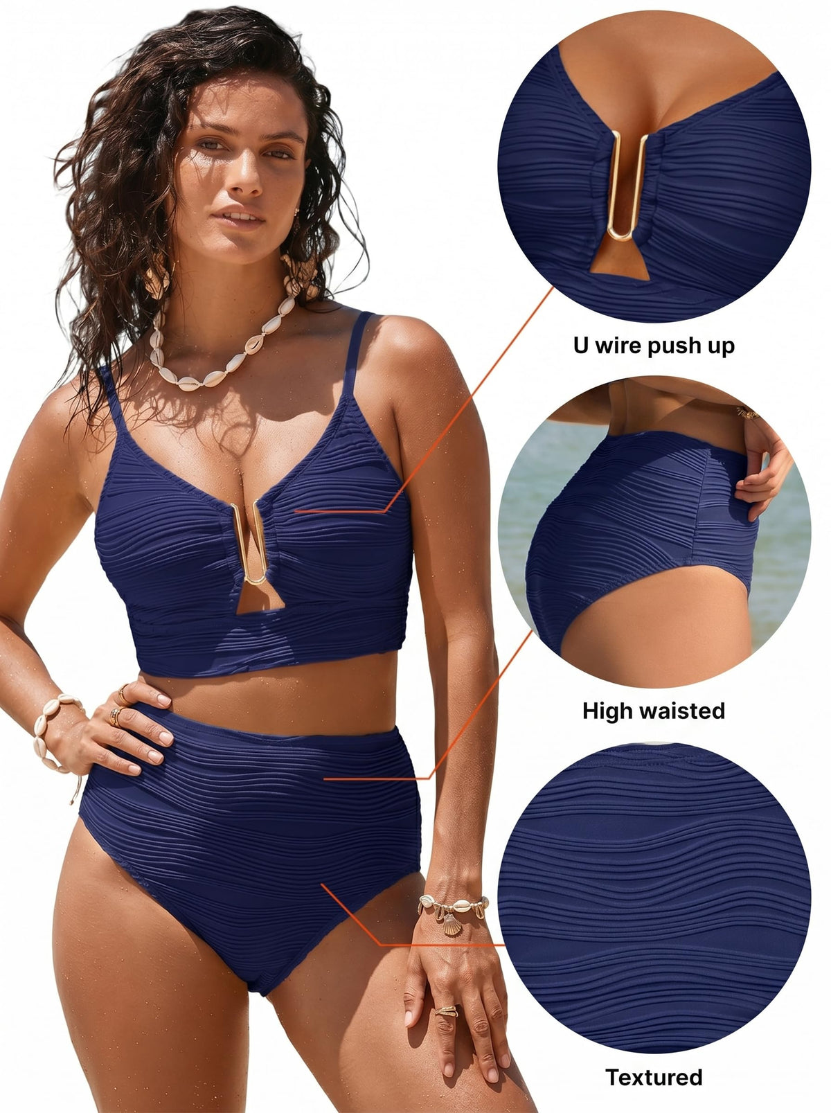 Herseas Women's 2 Piece Bikini Set U-Wire Cutout Swim Suits High Waisted Textured Ruched 2026 Summer Beautiful Bathing Suits Beach Fashion Vacation Clothes Navy Blue XX-Large