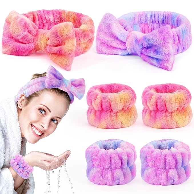 6 Pack Spa Headband with Wristbands: Washing Face Facial Makeup Skincare Headbands for Women Teen Girls - Soft Coral Fleece Elastic Hair Wraps for Easter Basket Stocking Stuffers Valentines Day Gifts