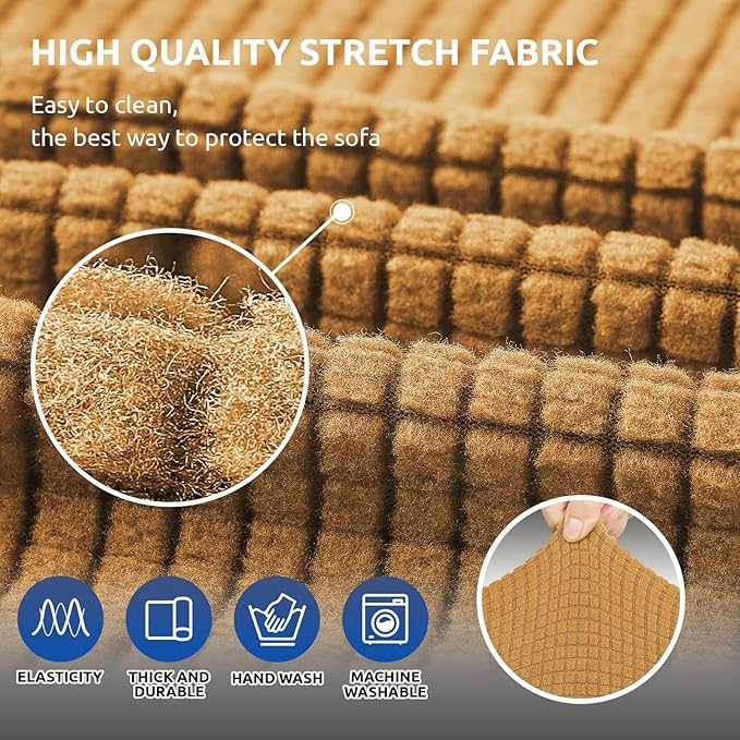 KEKUOU Stretch Sofa Cover Slipcover ，Couch Covers for 3 Cushion Couch Sofa pet Friendly (78"-94") Furniture Protector Sofa with Elastic Bottom for Kids,Dog, Jacquard Small Checked(Large,Golden)