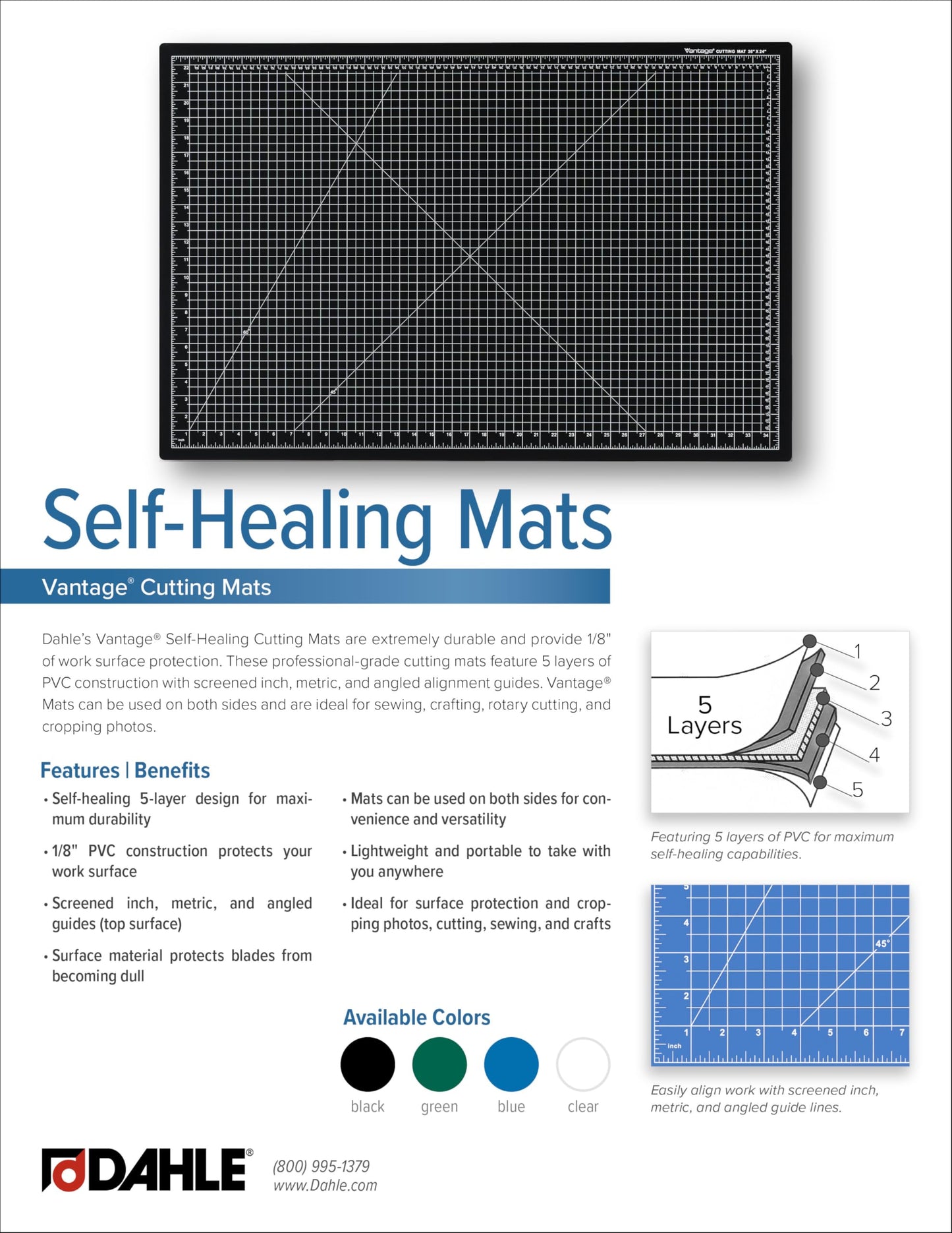 Dahle Vantage 10671 Premium Self-Healing Cutting Mat, 12"x18", 1/2" Grid, 5 Layers for Max Healing, Perfect for Crafts & Sewing, Black