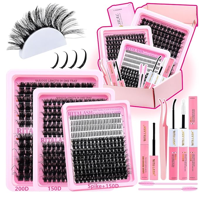 Lash Clusters Kit 3D Effect Volume Lashes Clusters Kit Wispy Cluster Eyelash Extensions D Curl Eyelash Clusters Kit PestaÃÂ±as Postizas Naturales+Bond&Seal,Remover,Tweezers,Brush(150D+200D+Spike Kit)