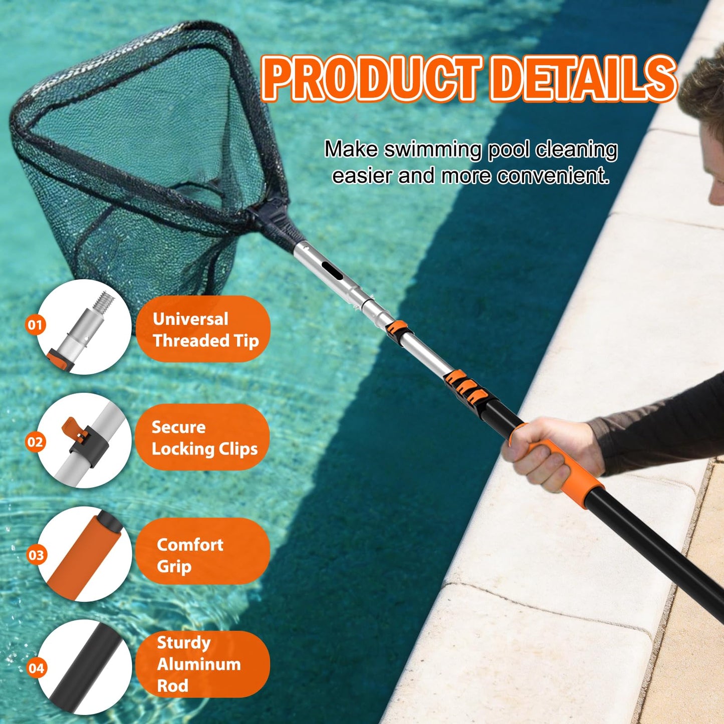 SISIUPASSIE 20FT Pool Skimmer Net with Pole, Foldable & Larger Capacity Pool Net for Cleaning, Telescopic Pool Pole Heavy Duty with Fine Mesh Pool Leaf Net for Above Ground & In-ground Pools