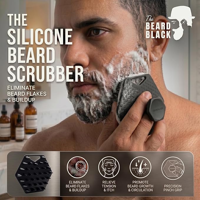 The BEARD BLACK Silicone Beard Scrubber - Deep Cleansing Beard Brush for Men - Manual Exfoliating Face Scrubber for Beardruff & Flake Removal - Soft Touch Grooming Tool for Shower & Travel
