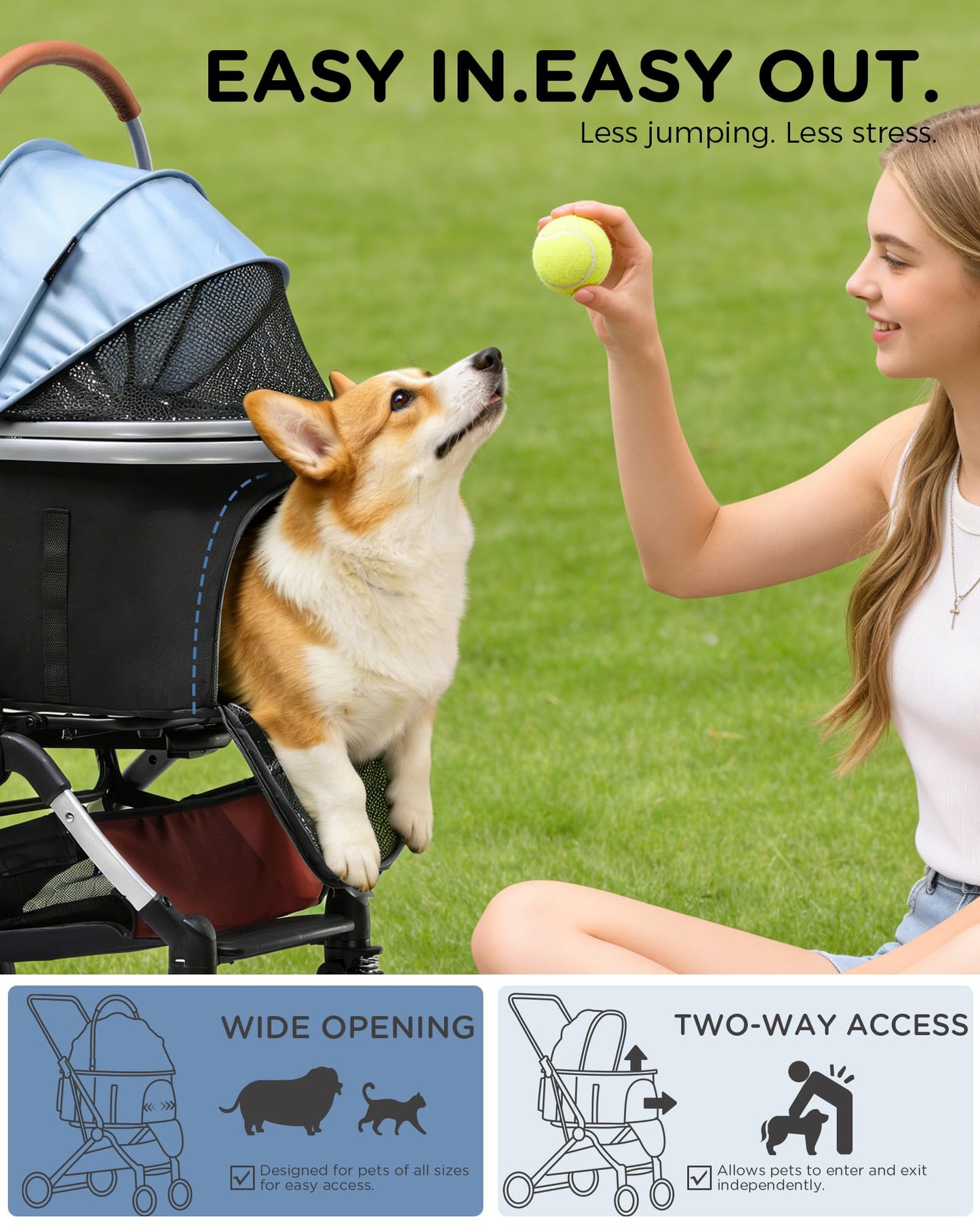 GTPLAYER Pet Stroller for Small Dogs and Cats, One-Click Foldable, Detachable Carrier, Breathable Mesh, 45 lbs Capacity, 2 Safety Leashes, Storage Basket & Cup Holder, Light Blue