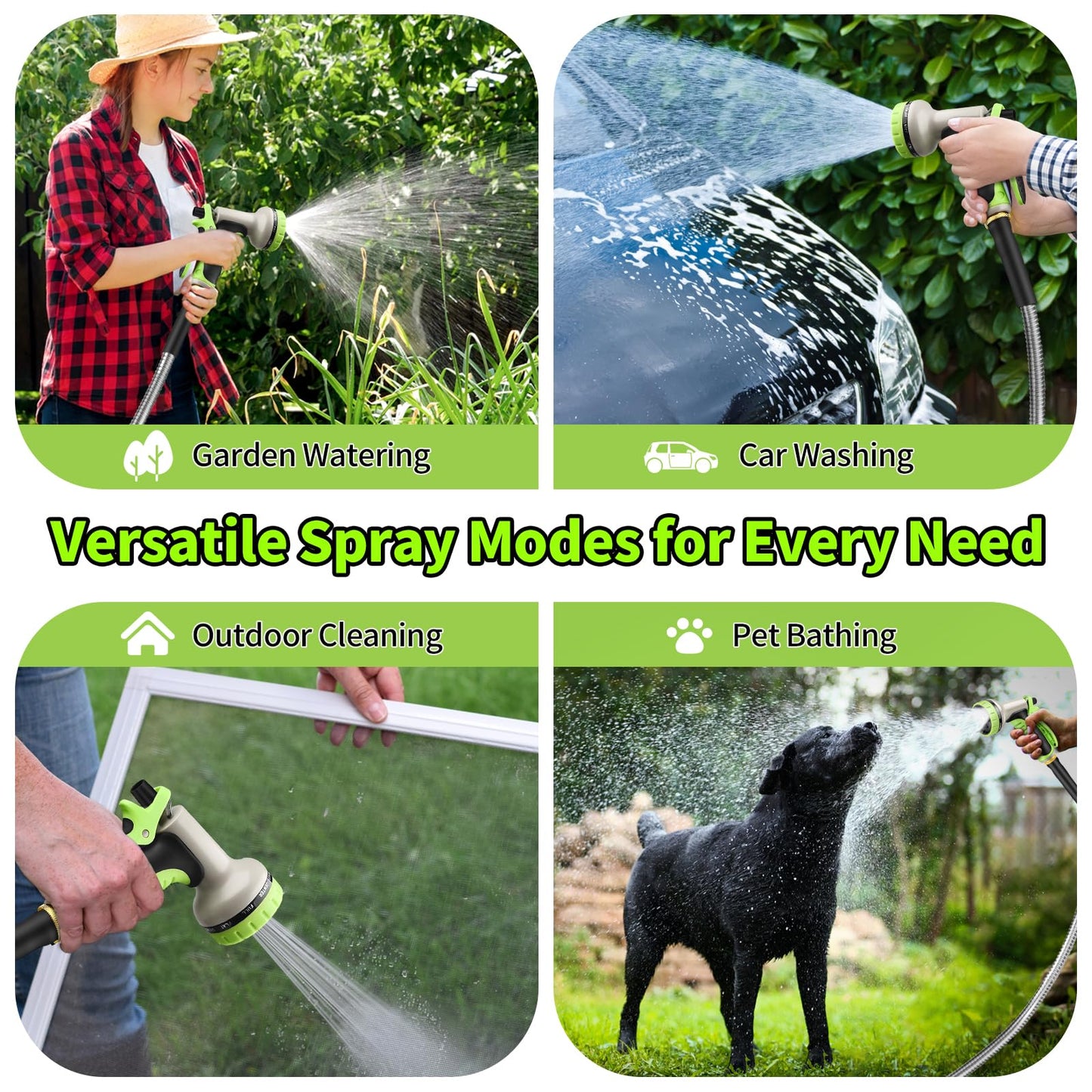 GOXAWEE Garden Hose 50FT, Stainless Steel Heavy Duty Water Hose With 10 Function Nozzle, No-Kink, Tough & Flexible, Sturdy and Lightweight, Rust Proof for Yard, Outdoor, RV