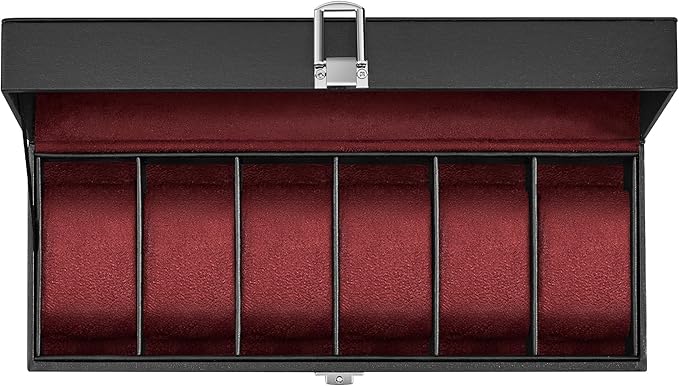 SONGMICS Watch Box, 6-Slot Watch Case Organizer with Large Glass Lid, Removable Pillows, Gift for Loved Ones, Black Synthetic Leather, Wine Red Lining UJWB006R01