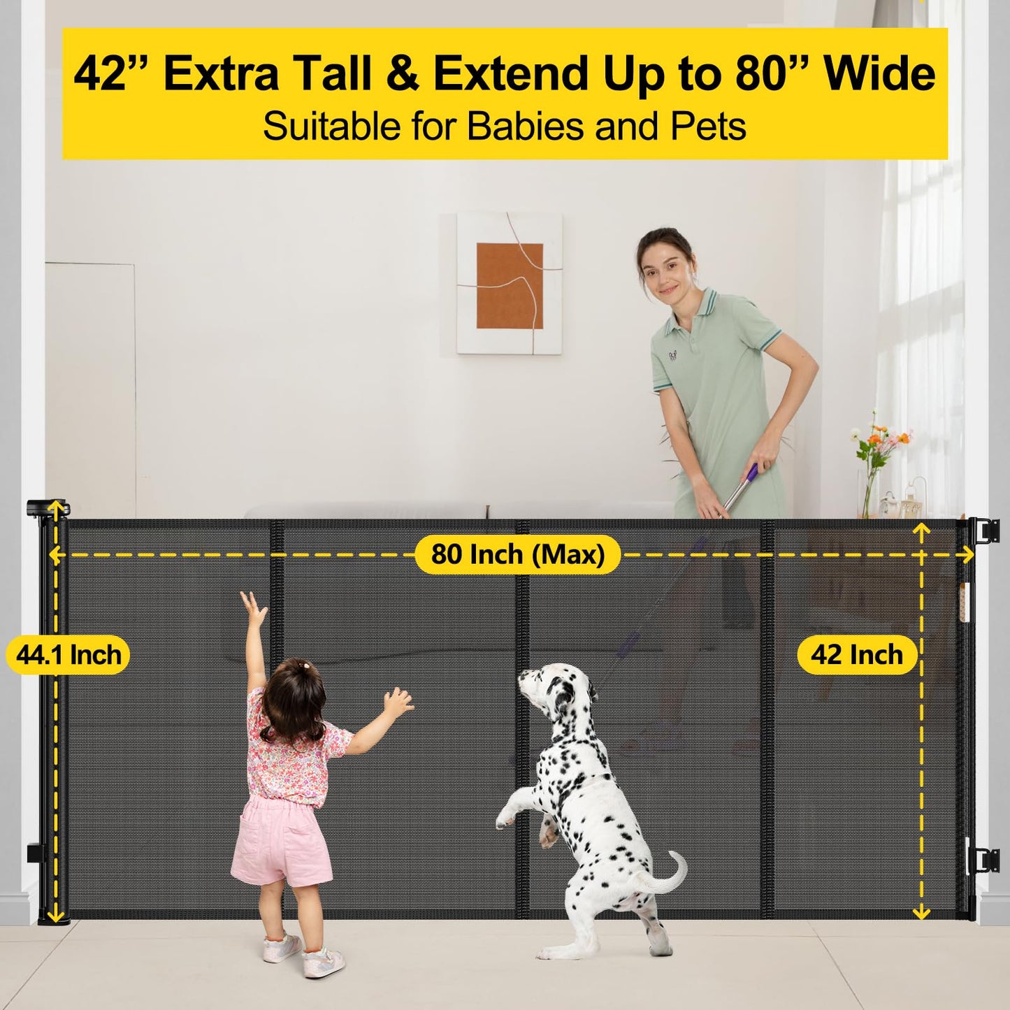 Reinforced 42” Extra Tall x 80” Wide Retractable Baby Gates with Rods to Prevent Crawling Through, Extra Tall Pet Gate for Large Openings Indoor Long Mesh Dog Gate for Stairs and Doorways, Black