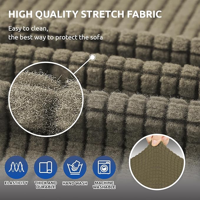 KEKUOU Stretch Sofa Cover Slipcover ，Couch Covers for 3 Cushion Couch Sofa pet Friendly (78"-94") Furniture Protector Sofa with Elastic Bottom for Kids,Dog, Jacquard Small Checked(Large,Khaki)