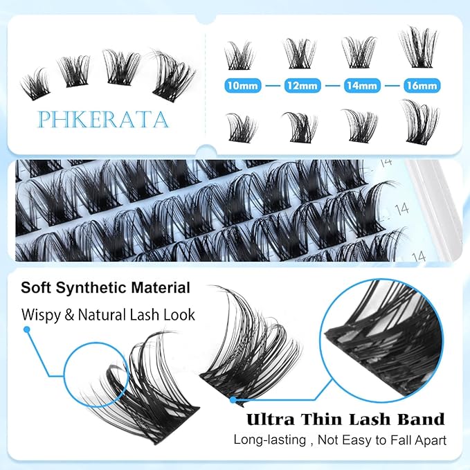 PHKERATA Wispy Eyelash Clusters Natural Lash Clusters 120 pcs Cluster Eyelash Extensions Wispy D Curvature Individual Lashes Reusable DIY Lash Extension Thin Lash Band