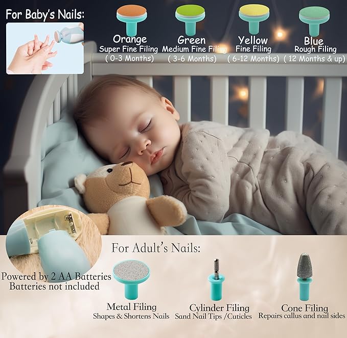 Royal Angels Upgraded 21 in 1 Baby Nail Trimmer with Labeled Case, 13 Extra Replacement Pads, Safe Electric Baby Nail File Kit for Newborn & Toddler, Whisper Quiet Nail Clipper with LED Light (Green)